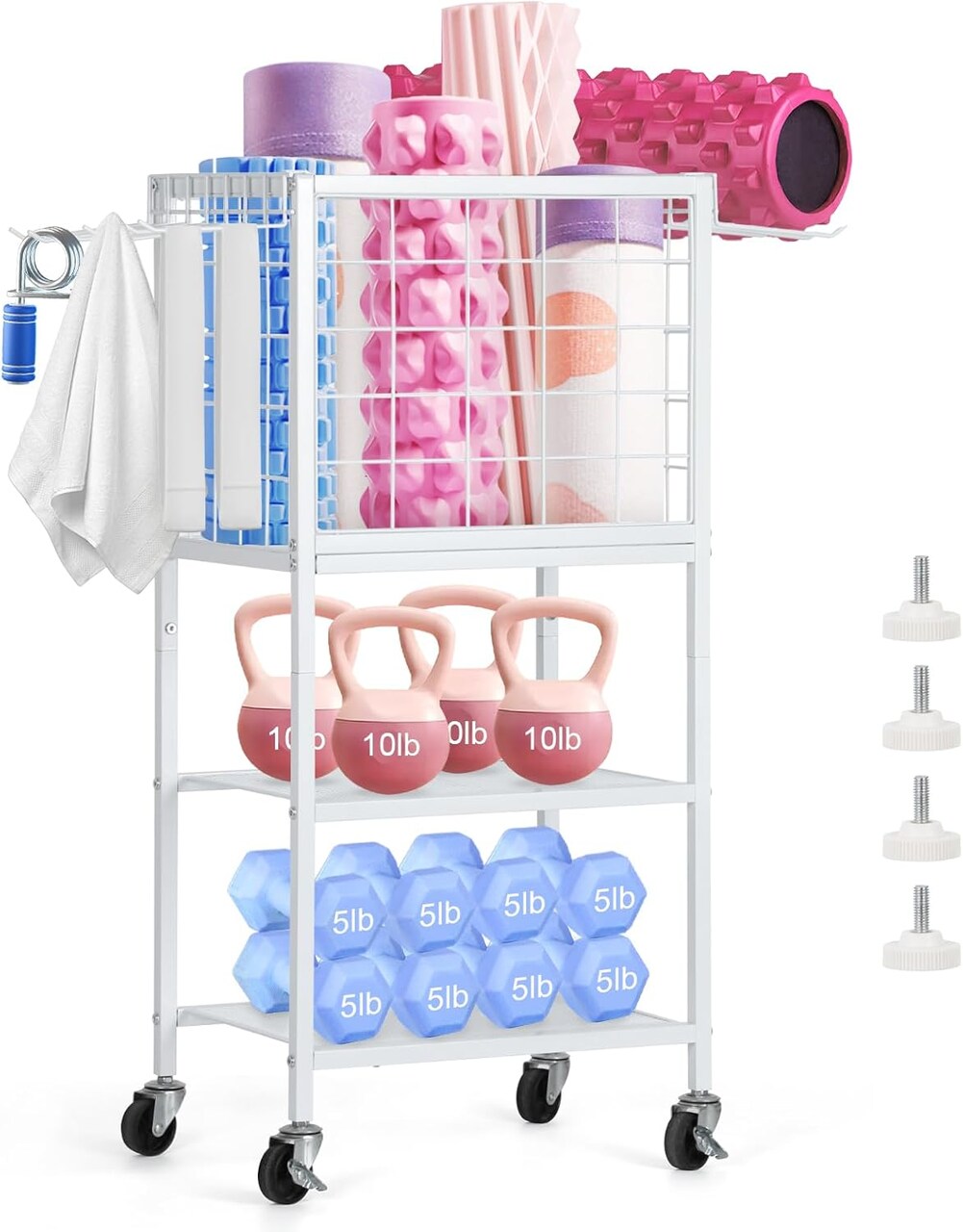 Modern Home Gym Weight White Rack with Wheels & Storage Hooks – 3-Tier Organizer for Dumbbells, Resistance Bands, Yoga Mat, and Fitness Accessories